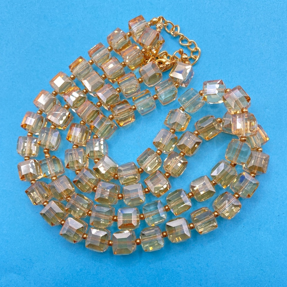 Glass Beads Square Faceted Double Strand Shiny Statement Necklace